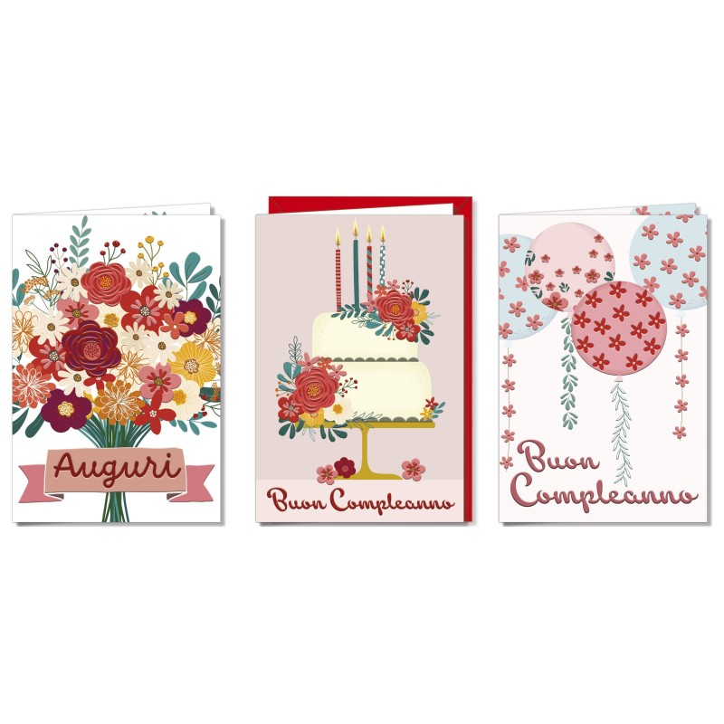 Cromo biglietti d'auguri Compleanno femminile, fiori, torta e palloncini, 12 pezzi in 3 soggetti – BC9989 Cromo biglietti d'auguri Compleanno femminile, fiori, torta e palloncini, 12 pezzi in 3 soggetti – BC9989