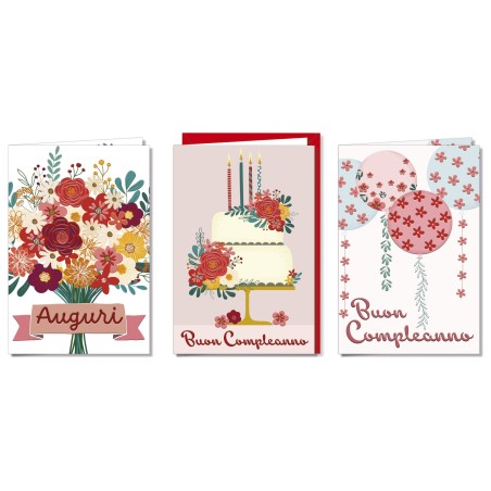 Cromo biglietti d'auguri Compleanno femminile, fiori, torta e palloncini, 12 pezzi in 3 soggetti – BC9989