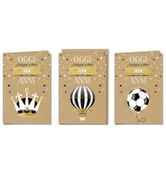 Cromo biglietti d'auguri Compleanno maschile rotella, corona, mongolfiera e pallone, 12 pezzi in 3 soggetti – BC9991