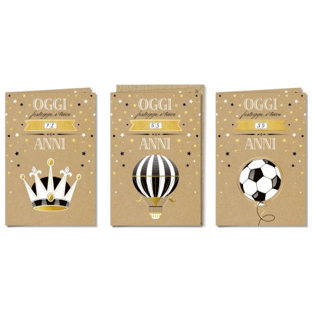 Cromo biglietti d'auguri Compleanno maschile rotella, corona, mongolfiera e pallone, 12 pezzi in 3 soggetti – BC9991
