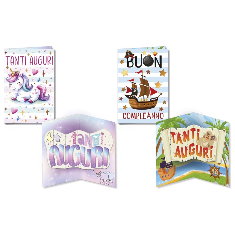 Cromo biglietti d'auguri Compleanno bambini Pop Up, unicorno e nave pirata, 12 pezzi in 2 soggetti – BC9950 Cromo biglietti d'auguri Compleanno bambini Pop Up, unicorno e nave pirata, 12 pezzi in 2 soggetti – BC9950