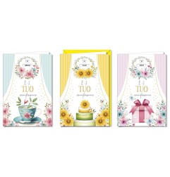 Cromo biglietti d'auguri Compleanno femminile rotella data, tazza, torta e regalo, 12 pezzi in 3 soggetti – BC9980