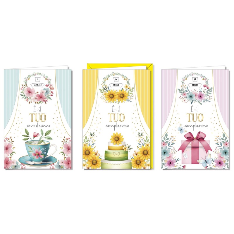 Cromo biglietti d'auguri Compleanno femminile rotella data, tazza, torta e regalo, 12 pezzi in 3 soggetti – BC9980 Cromo biglietti d'auguri Compleanno femminile rotella data, tazza, torta e regalo, 12 pezzi in 3 soggetti – BC9980