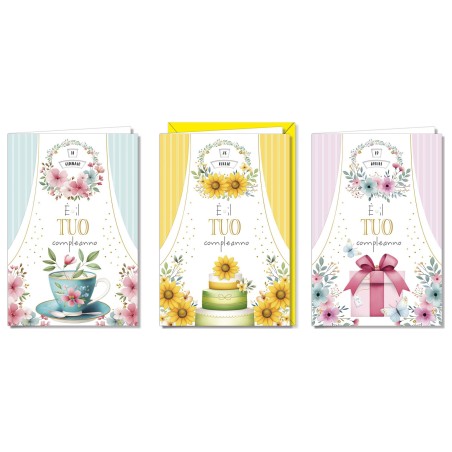 Cromo biglietti d'auguri Compleanno femminile rotella data, tazza, torta e regalo, 12 pezzi in 3 soggetti – BC9980