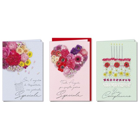 Cromo biglietti d'auguri Compleanno femminile, composizioni di fiori, 12 pezzi in 3 soggetti – BC9059