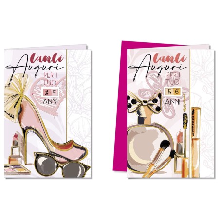 Cromo biglietti d'auguri Compleanno femminile rotella anni, scarpe, profumo e trucchi, 12 pezzi in 2 soggetti – BC9062