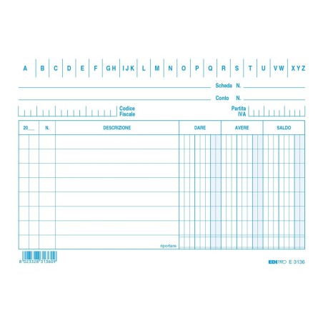 Schede dare - avere - saldo blu, 100 pezzi 10,5x15 Edipro - E3136