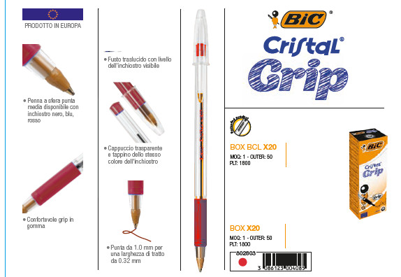BIC CRSITAL GRIP Set da 20 pz di penne a Biro di colore rosso 802803
